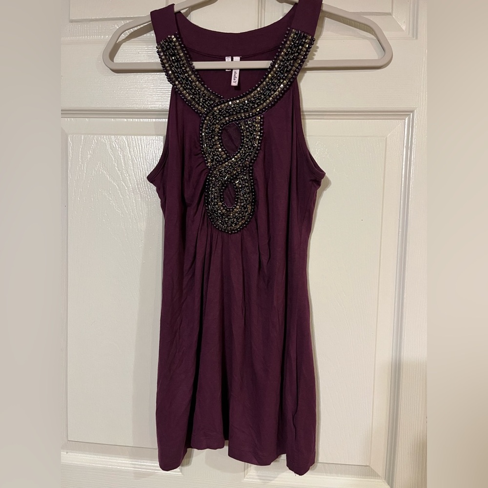 Beaded Neckline Sleeveless Tank Top - Plum
